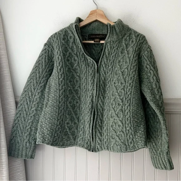 Vintage Inis Crafts XL 100% Merino Wool Zip Up Cable Knit Sweater - Picture 1 of 3